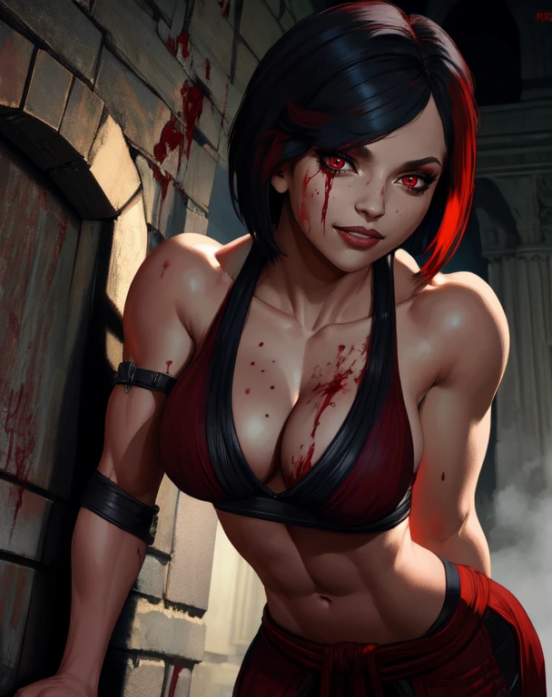 Skarlet,red eyes,black hair,multicolored hair,toned,  short hair, 
 smile,  leaning forward,   navel, cleavage,   
standing,  upper body, 
blood splatters on skin, dungeon, mortal kombat,  
(insanely detailed, beautiful detailed face,beautiful detailed eyes, masterpiece, best quality) solo,<lora:Skarlet5:0.7>,