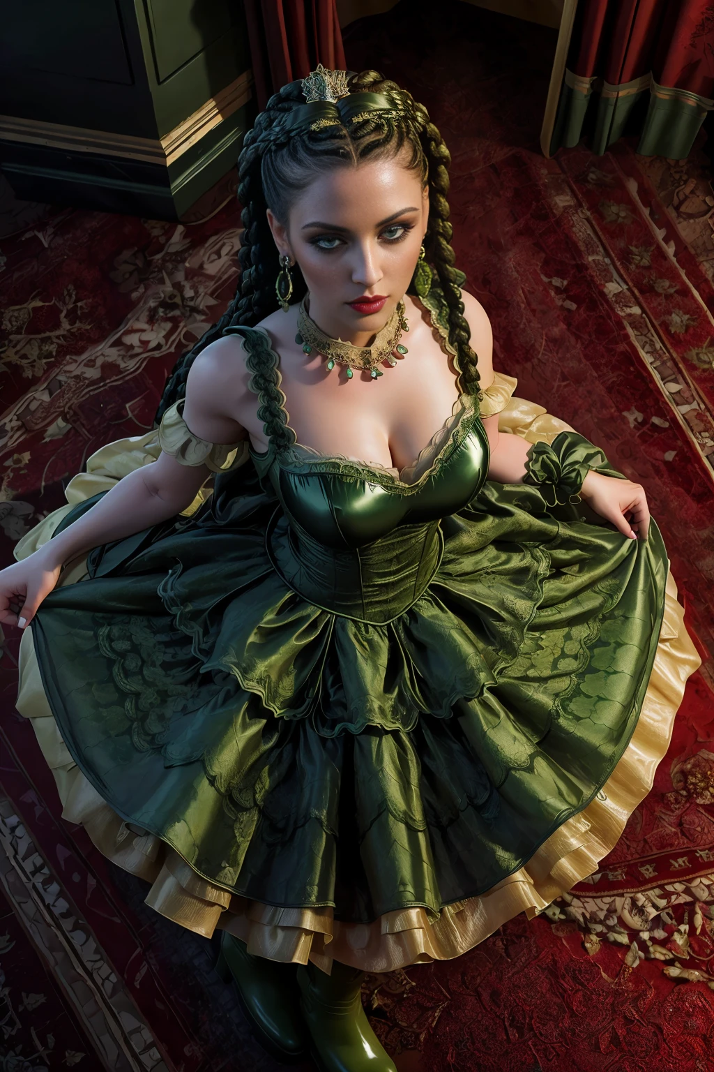 <lora:voldress_v2:1>
masterpiece, highly detailed 8k, best quality, volumetric lighting, volumetric lighting, intricate
1girl in voldress, green box braids , Aerial View, Blood Red eyes, rubber boots, bras d'honneur
infernal palace background