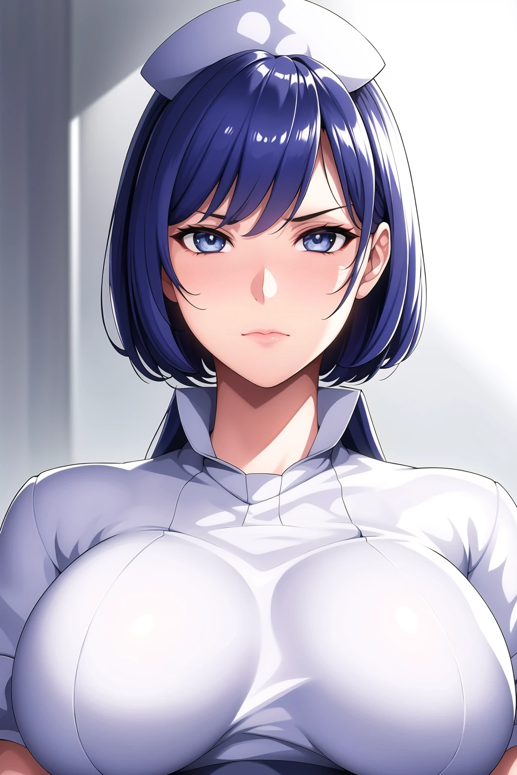 Simple White Background,
nurse_cap, Nurse_uniform,short_sleeves,
white_shirt, wing_collar,collared_shirt, white pencil skirt,
<lora:TachibanaSakuseiByoutou-V1:0.7>,nurse,
Blue_hair,Bangs,short_hair,Blue_eyes,
<lora:Oda_Non_Style-KK77-V2:0.3>,<lora:more_details:0.1>,
1 girl, 20yo,Young female,Beautiful Finger,Beautiful long legs,
Beautiful body,Beautiful Nose,Beautiful character design,
perfect eyes, perfect face,expressive eyes,perfect balance,
looking at viewer,(Focus on her face),closed mouth, (innocent_big_eyes:1.0),(Light_Smile:0.3),
official art,extremely detailed CG unity 8k wallpaper,
perfect lighting,Colorful, Bright_Front_face_Lighting,White skin,
(masterpiece:1.0),(best_quality:1.0), ultra high res,4K,ultra-detailed,
photography, 8K, HDR, highres, absurdres:1.2, Kodak portra 400, film grain,
blurry background, bokeh:1.2, lens flare, (vibrant_color:1.2),professional photograph,
(Beautiful,large_Breasts:1.4), (beautiful_face:1.5),(narrow_waist),