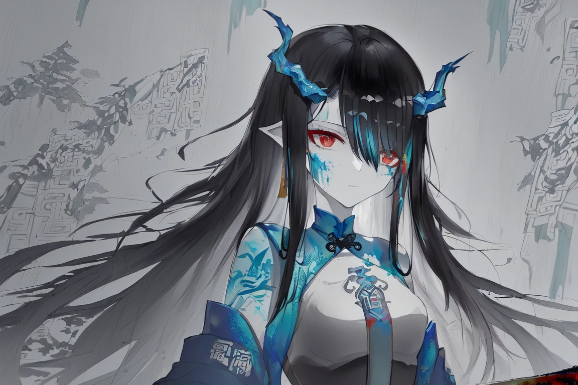 ((masterpiece)), best quality, ((illustration)), original, extremely detailed wallpaper, (((beijing opera))), (sketch),(wash painting),((color splashing)),((ink splashing)),((((dyeing)))),((Chinese painting)), ((greyscale,)), (beautiful and delicate mountain), Depth of field, dynamic angle, ((disheveled hair)), 1girl, solo, (dusk_\(arknights\)), small breasts, upper body, <lora:ArkDusk_ver1:0.6>