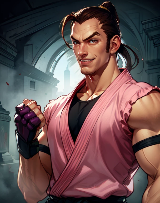 dan, brown hair,  brown eyes, ponytail,  muscular,sideburns, 
pink dougi, black undershirt,  fingerless gloves , 
standing, upper body, 
smile, 
dojo, 
(insanely detailed, beautiful detailed face, masterpiece, best quality) cinematic lighting,(solo:1.6),
 <lora:danhibiki:0.7>
