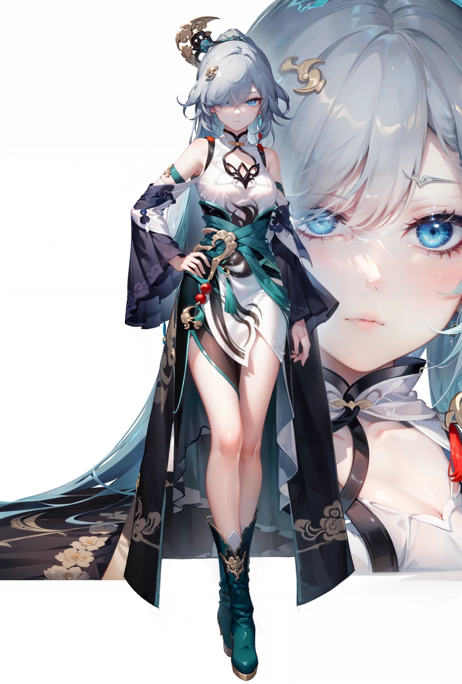8k, best quality, masterpiece, (ultra-detailed:1.1), (high detailed skin),
(full body:1.2), white background, standing, looking at viewer, solo, hand on hip,
<lora:yunmo-v100-000024:0.8:lbw=OUTALL>, yunmo, 1girl, fu hua, hair over one eye, chinese clothes, blue eyes, very long hair, china dress, boots, dress, hair ornament, bare shoulders, bangs, ponytail,
(white background, simple background,:1.2),
<lora:EnvyBetterHands LoCon_beta2 è¾
å©:0.55>, ( good hands, nice hands:0.5),
(beautiful_face), ((intricate_detail)), clear face,
((finely_detailed)), fine_fabric_emphasis,
((glossy)), full_shot,