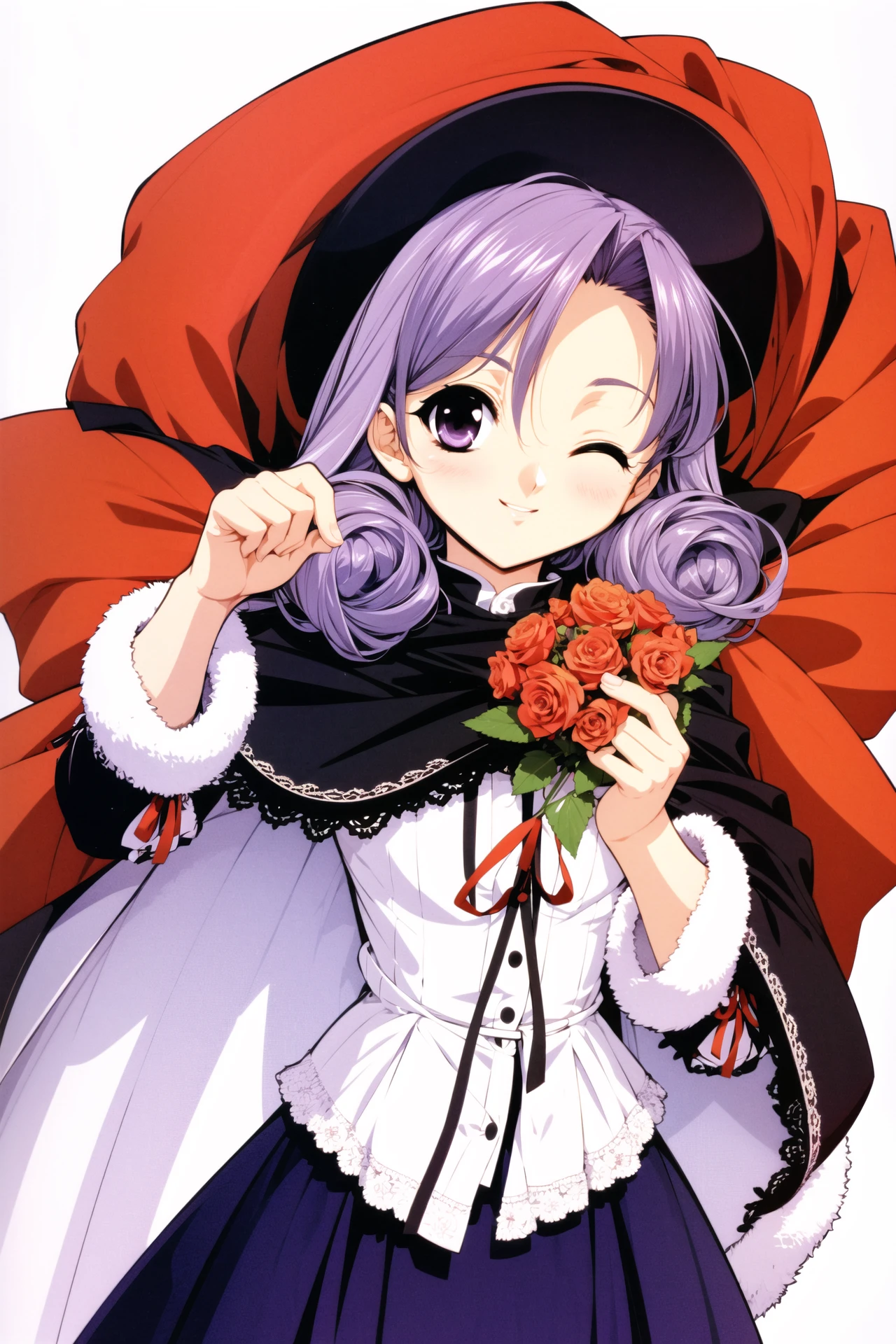 Shirayuki, 1girl, solo, flower, one eye closed, hat, rose, purple eyes, heart, crown, red flower, white background, smile, long sleeves, simple background, holding, dress, red rose, fur trim, looking at viewer, bouquet, cape, curly hair, purple hair,<lora:Naoto Tenhiro_v2:0.8>
