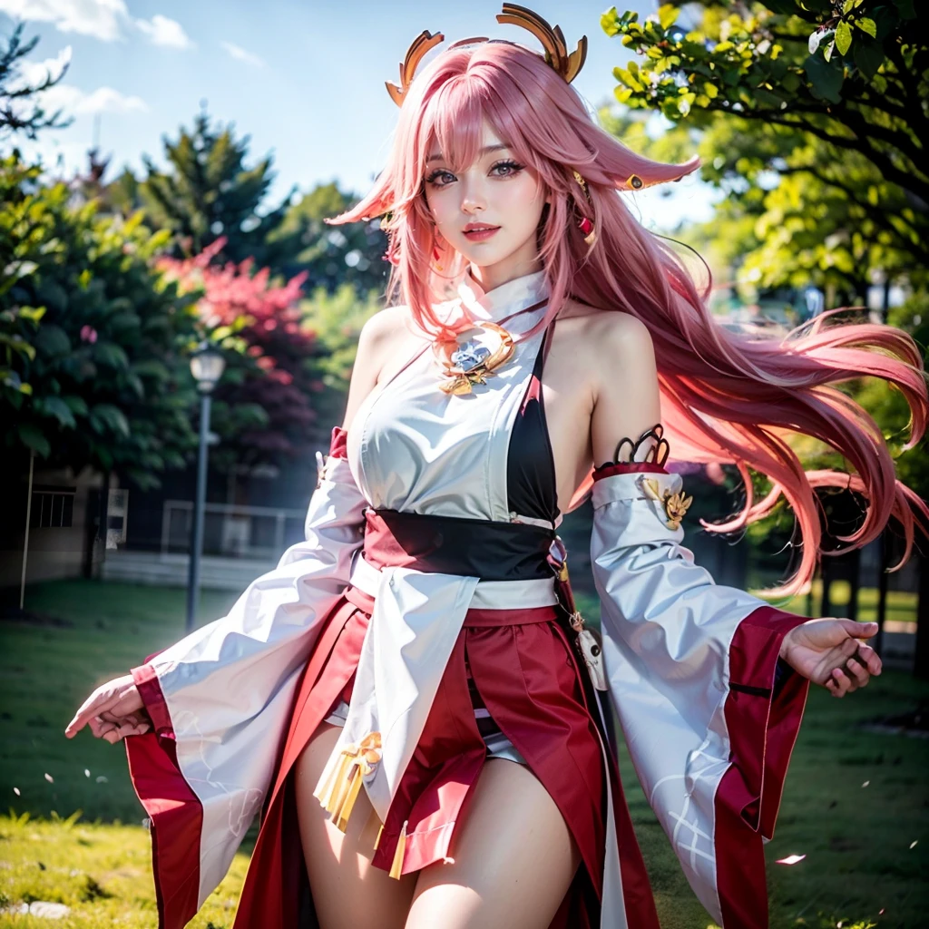 face lighting,bright backlight,medium breasts,super high resolution,best quality,Photos,4k,shenzi,1girl,yae miko,solo,long hair,pink hair,detached sleeves,looking at viewer,jewelry,bare shoulders,japanese clothes,bangs,wide sleeves,earrings,lips,cowboy shot,blurry background,hair between eyes,shirt,purple eyes,animal ears,hair ornament,white shirt,day,sky,thigh strap,red skirt,fox ears,smile,nontraditional miko,very long hair,floating hair,long sleeves,skirt,blue sky,thighs,
