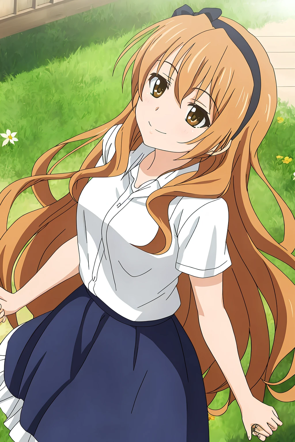 kouko, 1girl, solo, long_hair, smile, skirt, brown_hair, shirt, hair_ornament, brown_eyes, flower, hairband, hair_flower, holding_hands, looking_up