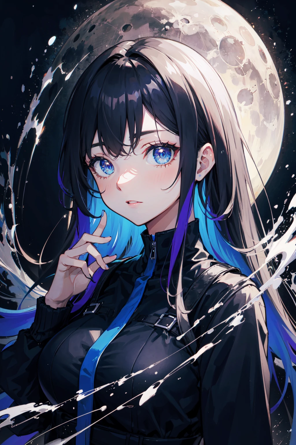 (masterpiece, extremely quality, best quality, official art, original art, beautiful and aesthetic:1.2), (volume lighting:1.3), (Glowing:1.3), (Glossy:1.3), (watercolor), (illustration), (vivid:1.2), (shiny:1.2), (colorful:1.2), (many colors:1.4),univers,perfect detail hand,perfect detail fingers, dark theme,night sky, 1girl, ultra high res, masterpiece, best quality, moon,black,highly detailed face, perfect eyes,