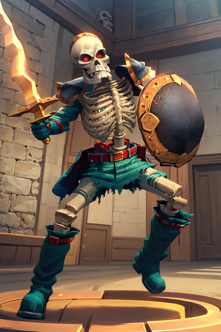 ((masterpiece,best quality)), absurdres,
<lora:Stalfos_Zelda_OOT_Anime:1>, Stalfos_Zelda_OOT, (sword, swinging sword), 
skeleton, solo, 1boy, skull, armor, red eyes, no humans, ribs, belt, boots, spikes, shield, 
solo, smiling, looking at viewer, cowboy shot,
cinematic composition, dynamic pose,