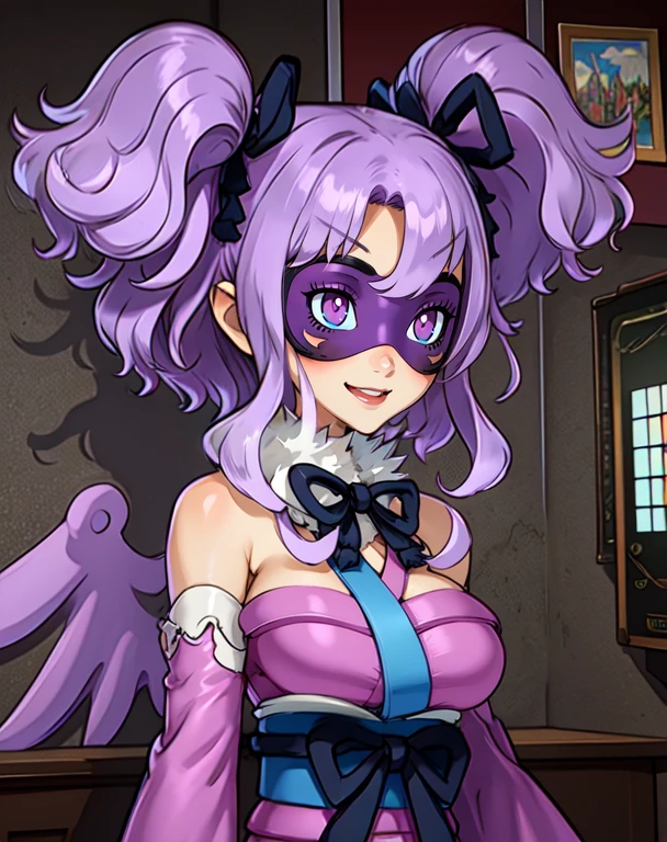 ceefore, eyemask, purple hair, twintails, eye covered,
fingerless gloves, wings , pink kimono, black pantyhose, hair ribbon detached sleeves, bare shoulders,
standing, upper body,
smile,
casino,
(insanely detailed, beautiful detailed face, masterpiece, beautiful detailed eyes, best quality),
<lora:ceefore:0.8>