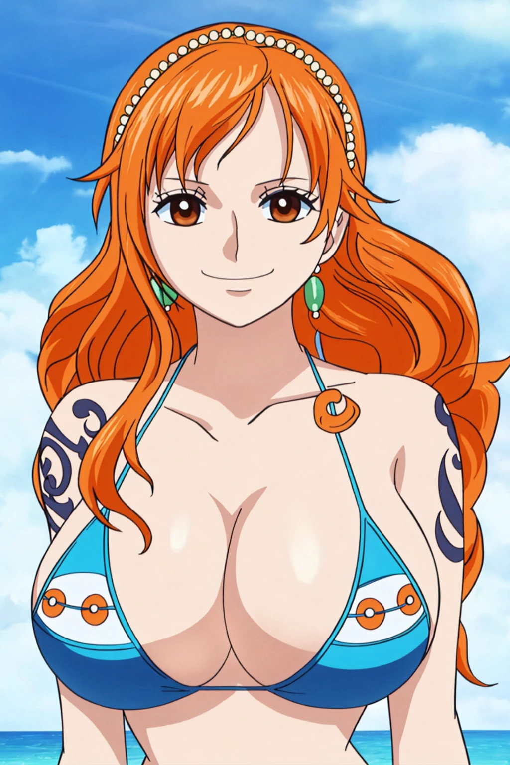 nami, 1girl, solo, long_hair, breasts, looking_at_viewer, smile, bangs, large_breasts, simple_background, hair_ornament, white_background, dress, cleavage, bare_shoulders, brown_eyes, jewelry, closed_mouth, collarbone, swimsuit, upper_body, bikini, earrings, sleeveless, orange_hair, orange_eyes, eyelashes, tattoo, blue_dress, bikini_top_only, blue_bikini, beads, arm_tattoo, shoulder_tattoo