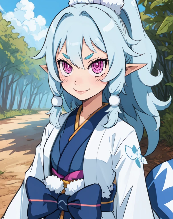 Ao, teal hair, purple eyes, pointy ears, pink eyes,
white kimono, evil smile,
upper body, standing,
outdoors,
(insanely detailed, beautiful detailed face, masterpiece, beautiful detailed eyes, best quality),
<lora:Ao:0.7>