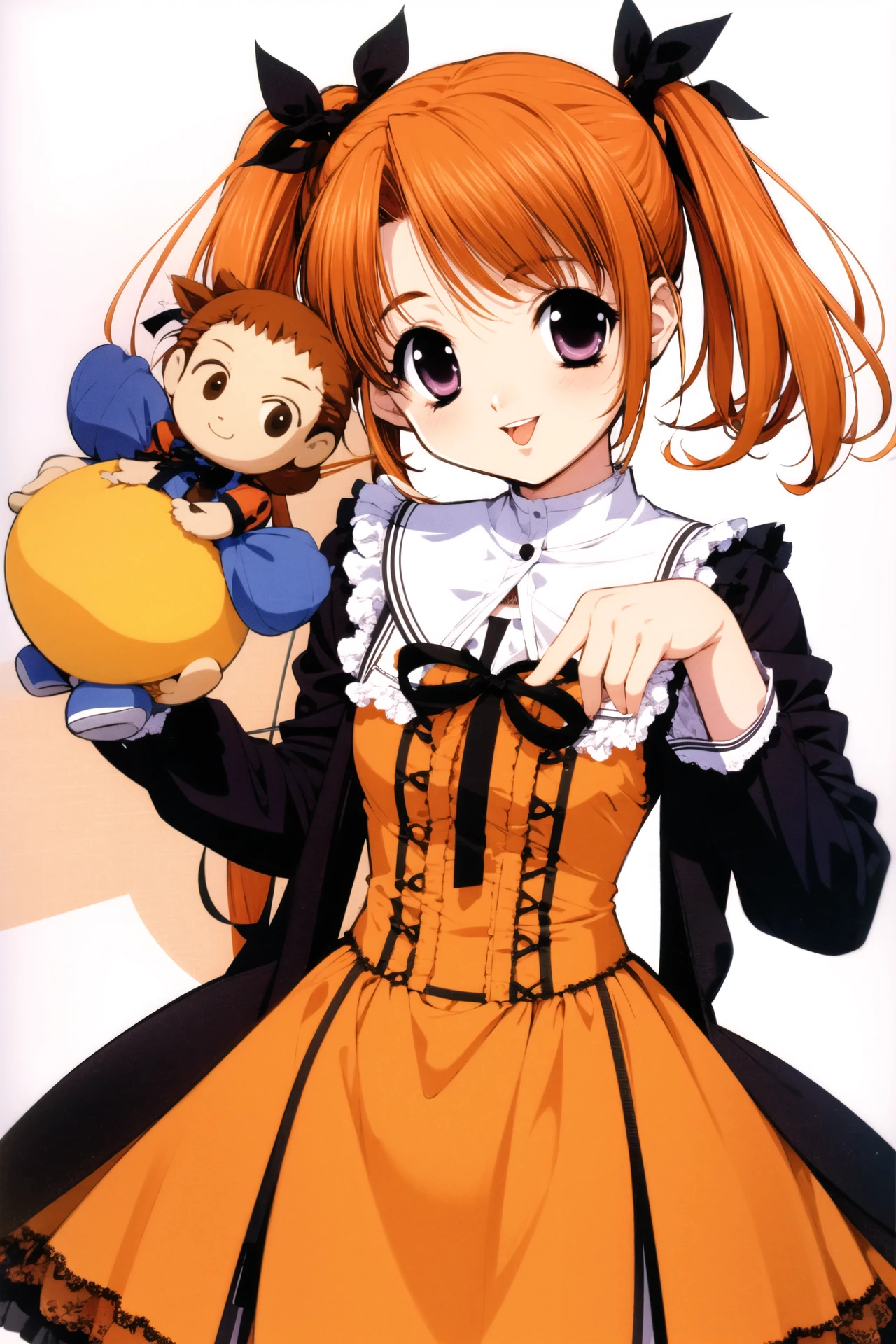 Hinako, 1girl, solo, dress, ribbon, twintails, food, long sleeves, hair ribbon, yellow dress, short twintails, doll, sitting, white background, basket, (orange hair:1.5), purple eyes, tongue, bread, simple background, looking at viewer, brown hair, tongue out, short hair, smile, :p, character doll, frills, holding, pantyhose,<lora:Naoto Tenhiro_v2:0.8>