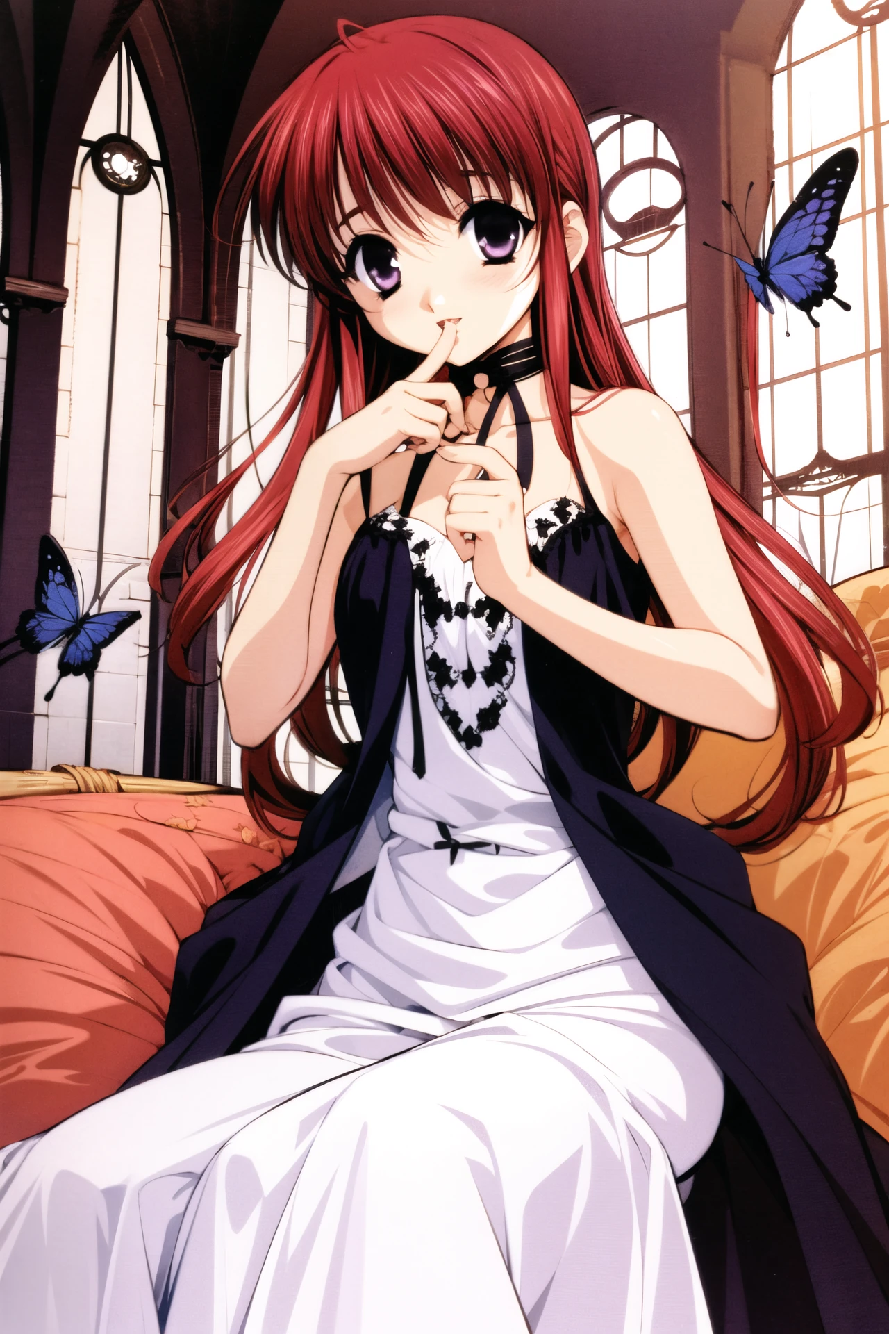 Chikage, 1girl, solo, butterfly, bug, purple eyes, dress, white dress, finger to mouth, red hair, sitting, looking at viewer, long hair, <lora:Naoto Tenhiro_v2:0.8>