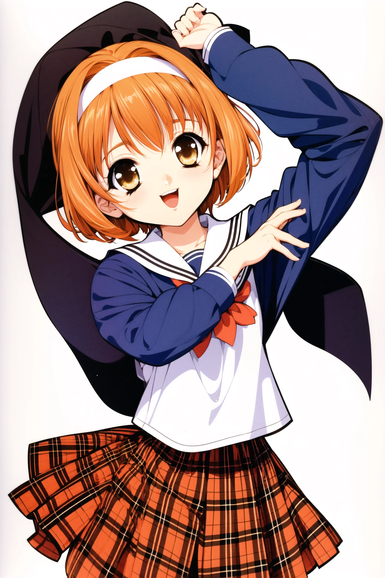 Kaho, 1girl, solo, orange hair, school uniform, yellow hairband, short hair, brown eyes, skirt, plaid, white background, simple background, long sleeves, smile, open mouth, bow, plaid skirt, serafuku, yellow bow, hair intakes, white shirt,<lora:Naoto Tenhiro_v2:0.8>