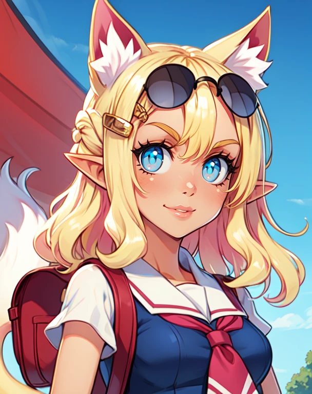 pirilika, cat ears, pointy ears, blonde hair, blue eyes,
school uniform, hair ornament, eyewear on head, gold hair clip, pink bag, tail,
upper body, standing, smile,
festival,
(insanely detailed, beautiful detailed face, masterpiece, beautiful detailed eyes, best quality),
<lora:Pirilika-10v6:0.7>