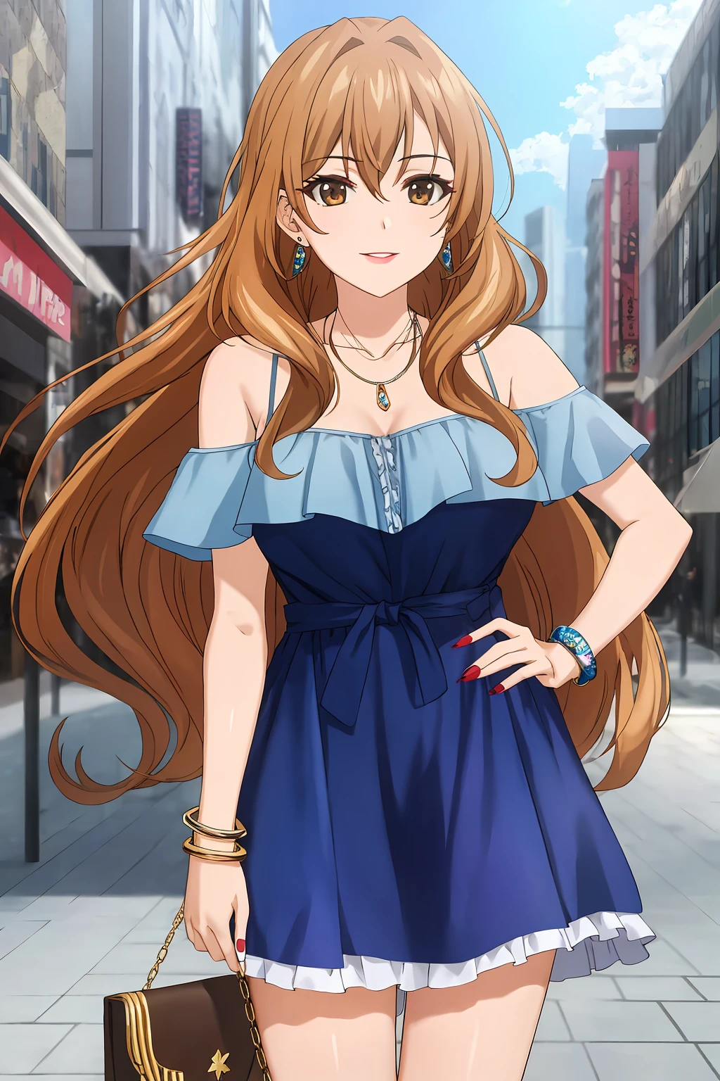 kouko, 1girl, solo, long_hair, breasts, looking_at_viewer, smile, outdoor, brown_hair, dress, bow, holding, bare_shoulders, brown_eyes, jewelry, medium_breasts, standing, collarbone, cowboy_shot, earrings, frills, necklace, off_shoulder, bag, nail_polish, bracelet, hand_on_hip, makeup, blue_dress, lipstick, city, hoop_earrings, handbag, bangle