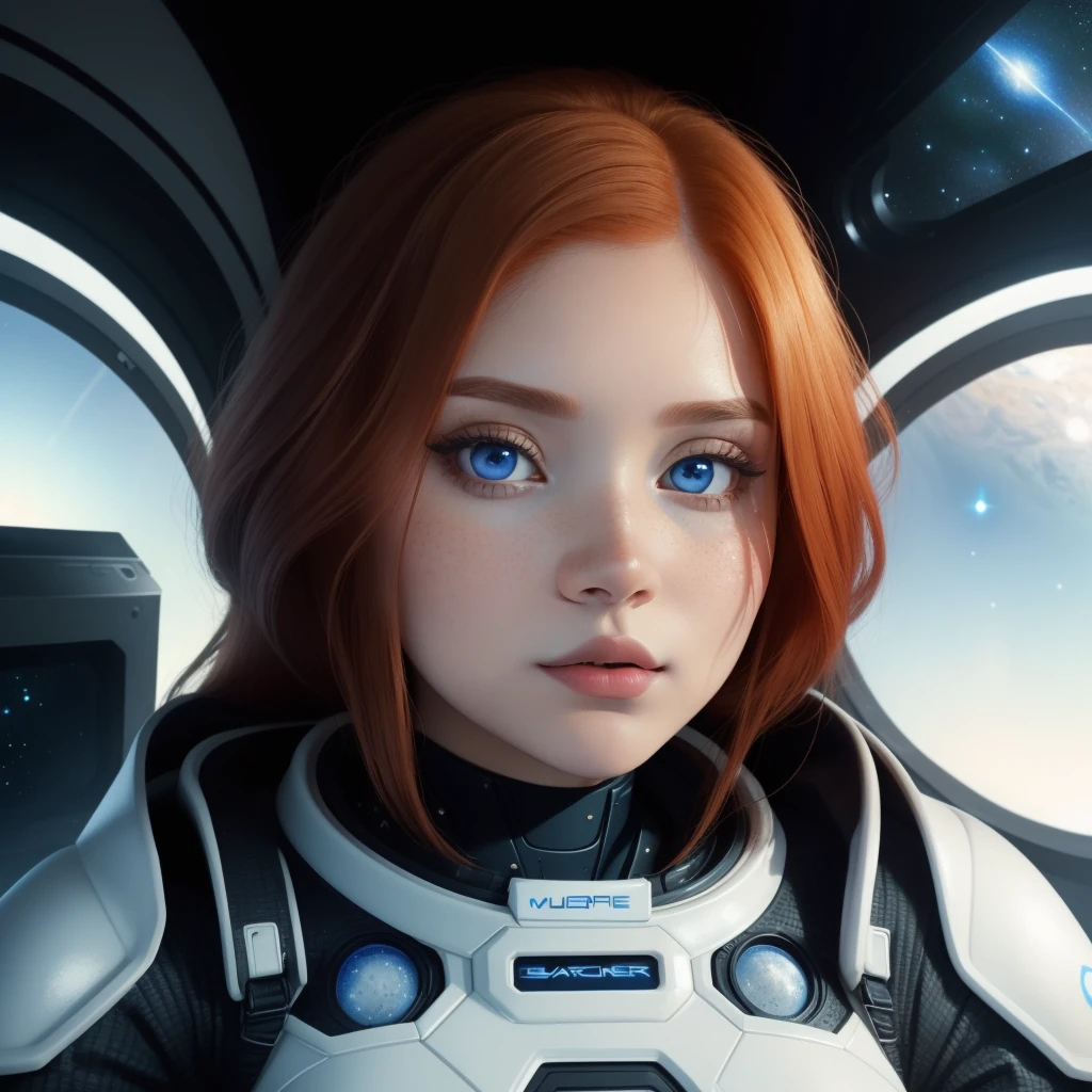 photo of a ginger woman, mmariarenee, in space, futuristic space suit, (freckles:0.8) cute face, sci-fi, dystopian, detailed eyes, blue eyes <lora:mmariarenee-bueno:0.8>, (masterpiece:1.4),(best quality:1.4),