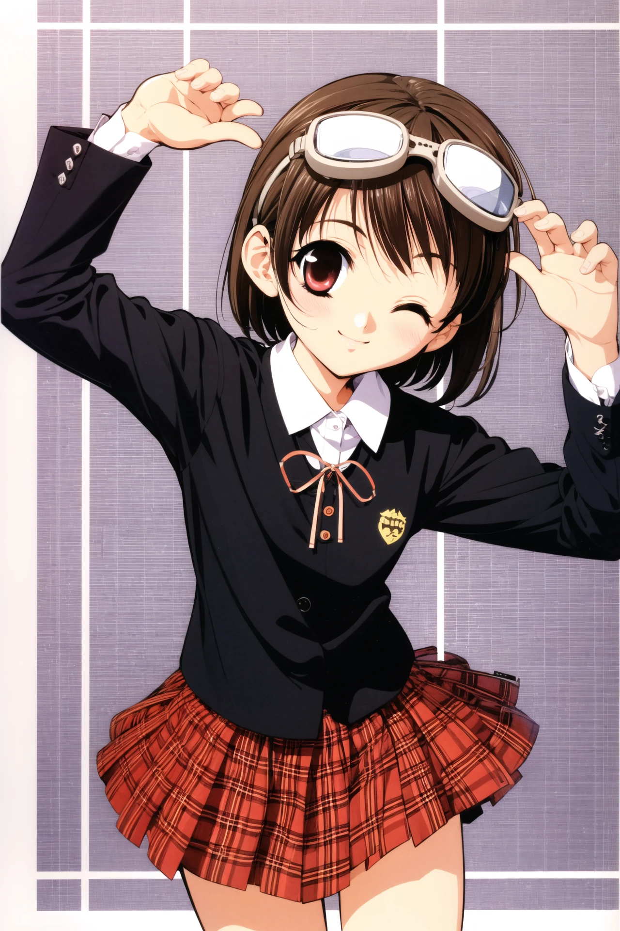 Rinrin, 1girl, solo, one eye closed, brown hair, short hair, goggles, plaid, red eyes, skirt, plaid skirt, ribbon, smile, goggles on head,<lora:Naoto Tenhiro_v2:0.8>