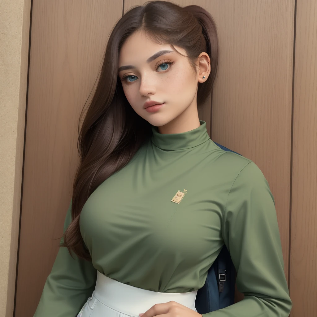 (masterpiece, best quality:1.3),EllieTLOU, mmariarenee ,solo,long hair,breasts,blue eyes,brown hair,shirt,long sleeves,closed mouth,green eyes,upper body,ponytail,lips,looking to the front,traditional media,backpack,freckles,realistic,nose,two-tone shirt,short over long sleeves,holding own arm, <lora:mmariarenee-bueno:0.8>, (masterpiece:1.4),(best quality:1.4),