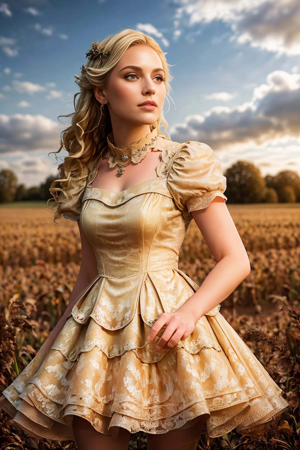 <lora:voldress_v2:1>
masterpiece, highly detailed 8k, best quality, volumetric lighting, volumetric lighting, intricate
1girl in voldress, light blonde french twist , Close Up, Brick Red eyes, boots
corn maze background