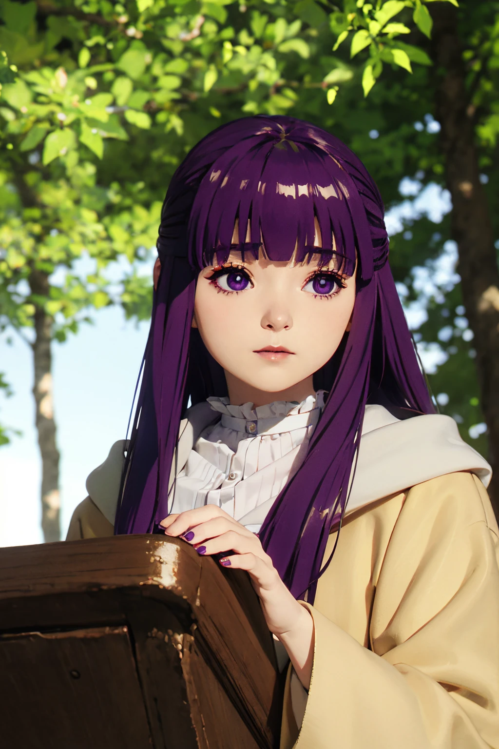 angel face, lifelike, waist, lifelike, 
petite\(figure\), cute adorable face, 1girl, (fern:1.4), long hair, bangs, thinned eyebrow, (purple sad eyes:1.1), (purple long hair:1.3), sidelocks, blunt bangs, bright pupils, half updo,
exquisite detail complexion, flossy skin complexion, extreme detail facial features, blue eyes, extreme detail irises, symmetrical eyes, reflexive eyes retinas,
detailed eyebrows, detailed eyelashes, blushed, professional makeup, in his shirt, feminine hand, beautiful finger polished nails,
exquisite body parts detailing, fabulous hairstyles, classy, glamourous, makeup, soft shadow, blended saturation, extreme clarify,
extremely detailed body, extremely intricate details, extremely detailed environment, maximalism in detail, dust particles, sub surface scattering, under shade, Tyndall effect, volumetric light, 
blended saturation, noise reduction, visual compositional balancing, multi-layers and textures variation, masterpiece, best quality, exquisite masterpiece, professional photography,
extremely exquisite detailed, hyper detailed, extremely high resolution, extremely high res, high resolution, highres, dramatic cinematic light, (outdoor surrounding:1.2), (ultra-wide angle in house finely design kitchen, background:1.4), extremely explicit detail, extremely sharp focus,
HDR, DSLR, high dynamic color range, RAW Photo, 50mm lens, F/1.2, Shutter speed 1/200, ISO 50,
style by inoue takehiko <lora:fern-lyco-nochekaiser:1>