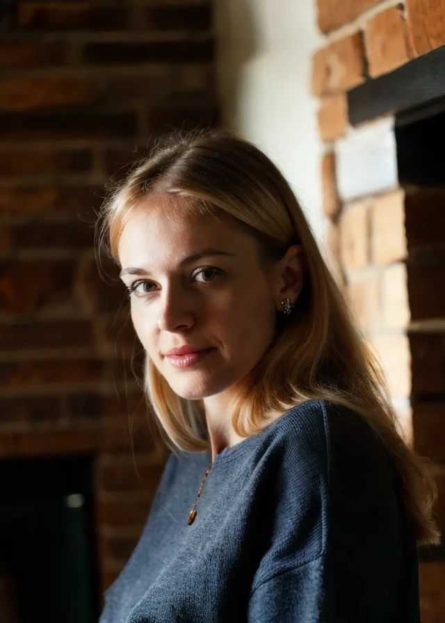 photo of a woman wearing a sweatshirt  ,sitting by a fireplace. beautiful soft natural side light. firelight. face, eyes. dark background, at night. romantic lighting. intricate details, skin pores, 8k