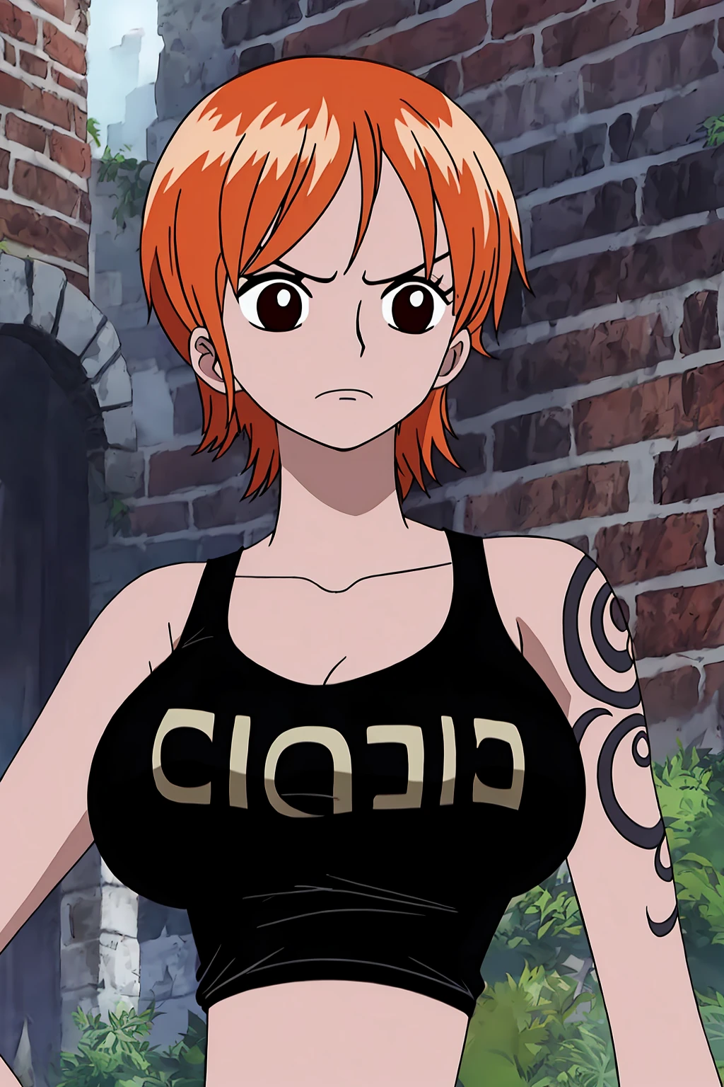 nami, 1girl, solo, breasts, short_hair, bangs, large_breasts, shirt, bare_shoulders, closed_mouth, upper_body, outdoors, sleeveless, orange_hair, black_eyes, english_text, v-shaped_eyebrows, black_shirt, sleeveless_shirt, tattoo, frown, parody, tank_top, clothes_writing, arm_tattoo, shoulder_tattoo, ruins, brick_wall