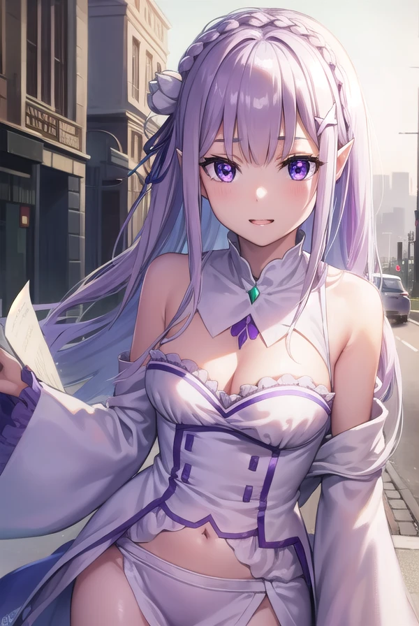 rezeroemilia, <lora:rezeroemilia-lora-nochekaiser:1>, 
emilia, braid, crown braid, flower, hair flower, hair ornament, hair ribbon, long hair, low-tied long hair, (purple eyes:1.2), pointy ears, white flower, x hair ornament, <lora:talkmouth_E_v100:1>, open mouth,
BREAK bare shoulders, detached collar, dress, long sleeves, low-tied long hair, navel, pink dress, shoulder cutout, thigh gap, wide sleeves,
BREAK outdoors, city,
BREAK looking at viewer, (cowboy shot:1.5),
BREAK <lyco:GoodHands-beta2:1>, (masterpiece:1.2), best quality, high resolution, unity 8k wallpaper, (illustration:0.8), (beautiful detailed eyes:1.6), extremely detailed face, perfect lighting, extremely detailed CG, (perfect hands, perfect anatomy),