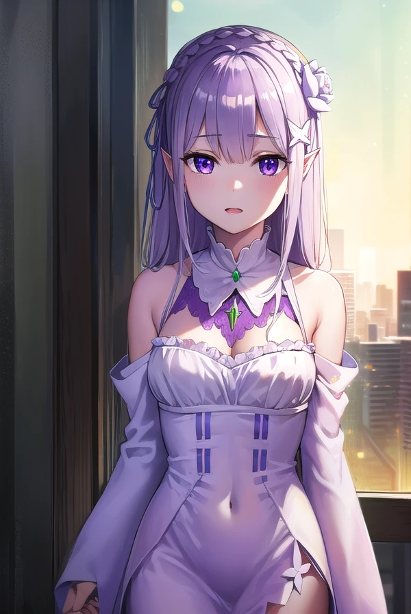 rezeroemilia, <lora:rezeroemilia-lora-nochekaiser:1>, 
emilia, braid, crown braid, flower, hair flower, hair ornament, hair ribbon, long hair, low-tied long hair, (purple eyes:1.2), pointy ears, white flower, x hair ornament, <lora:talkmouth_E_v100:1>, open mouth,
BREAK bare shoulders, detached collar, dress, long sleeves, low-tied long hair, navel, pink dress, shoulder cutout, thigh gap, wide sleeves,
BREAK outdoors, city,
BREAK looking at viewer, (cowboy shot:1.5),
BREAK <lyco:GoodHands-beta2:1>, (masterpiece:1.2), best quality, high resolution, unity 8k wallpaper, (illustration:0.8), (beautiful detailed eyes:1.6), extremely detailed face, perfect lighting, extremely detailed CG, (perfect hands, perfect anatomy),