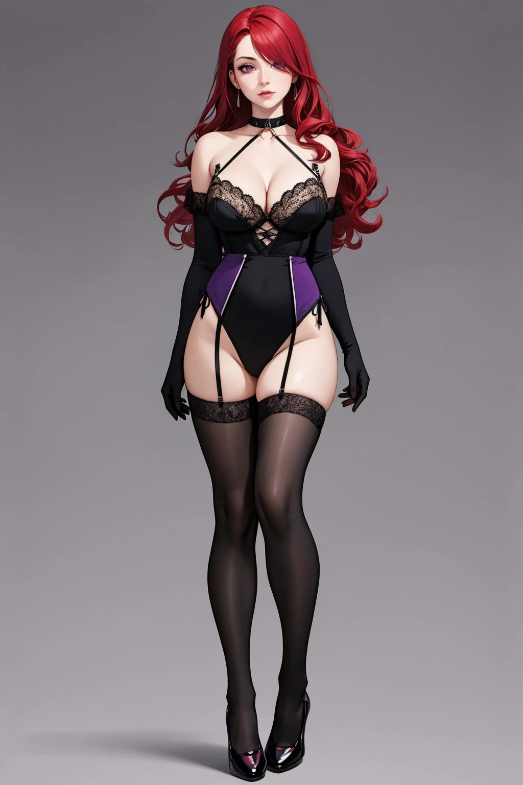 ((Masterpiece, best quality)),(edgQuality),
edgHL, long hair, breasts, looking at viewer, bangs, large breasts, simple background, red eyes, thighhighs, gloves, white background, holding, cleavage, bare shoulders, closed mouth, underwear, standing, purple eyes, full body, purple hair, thighs, red hair, alternate costume, choker, black gloves, black footwear, hair over one eye, apron, high heels, leotard,wearing edgHL_lingerie,
 <lora:edgHentai_Lingerie_R:1>