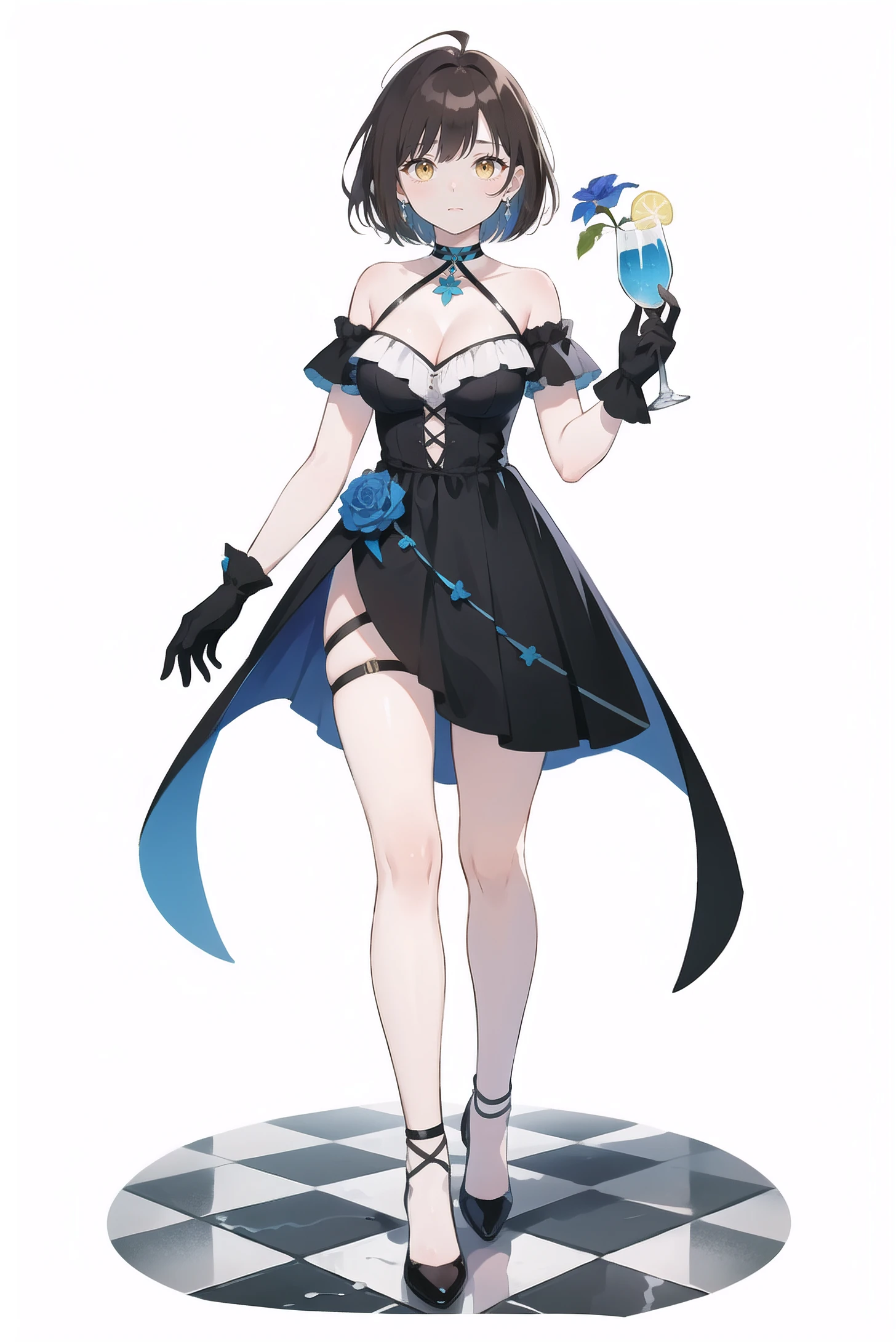 score_9, score_8_up, score_7_up, aurora (league of legends), 1girl, blue eyes, bunny ears, freckles, bangs, braid, sexy, sensual, full body, long dress and pompon, with black veil, round glasses, earrings, black hair, long eyelashes, big bust, platform shoes