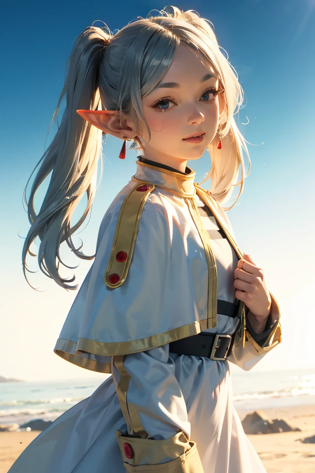 (cinematic:1.5), young, Curvaceous, perfect body proportion, comely, lovesome, hot, petite\(figure\), cute adorable face, shiny big blue eyes, frieren, 1girl, (long silver hair:1.3), pointy ears, twintails, jewelry, elf, earrings, capelet, white capelet, long sleeves, parted bangs, dress, belt, flower, 
fork, Sharp contrasts, lavishly intricate, with swirling movements, dynamically, medieval city, magic staff, rock castle, charming smile, look at viewer,
necklace, detail makeup, detail eyes lashes, flat chest, cliff, wind, from side, 
ultra high quality, (sharp focus), 8k resolution, cinematic film still, reflection, commercial, hyper detail, scenery, 
photo-realistic, best quality, extremely detail, hyper detail, extremely high resolution, extremely high res, high resolution, highres, natural volumetric lighting, detailly environment, complicated fantasy background, RAW Photo, Fujifilm, 50mm lens, F/2.8, HDR, sharp focus, style by inoue takehiko <lora:frieren-10:0.9>