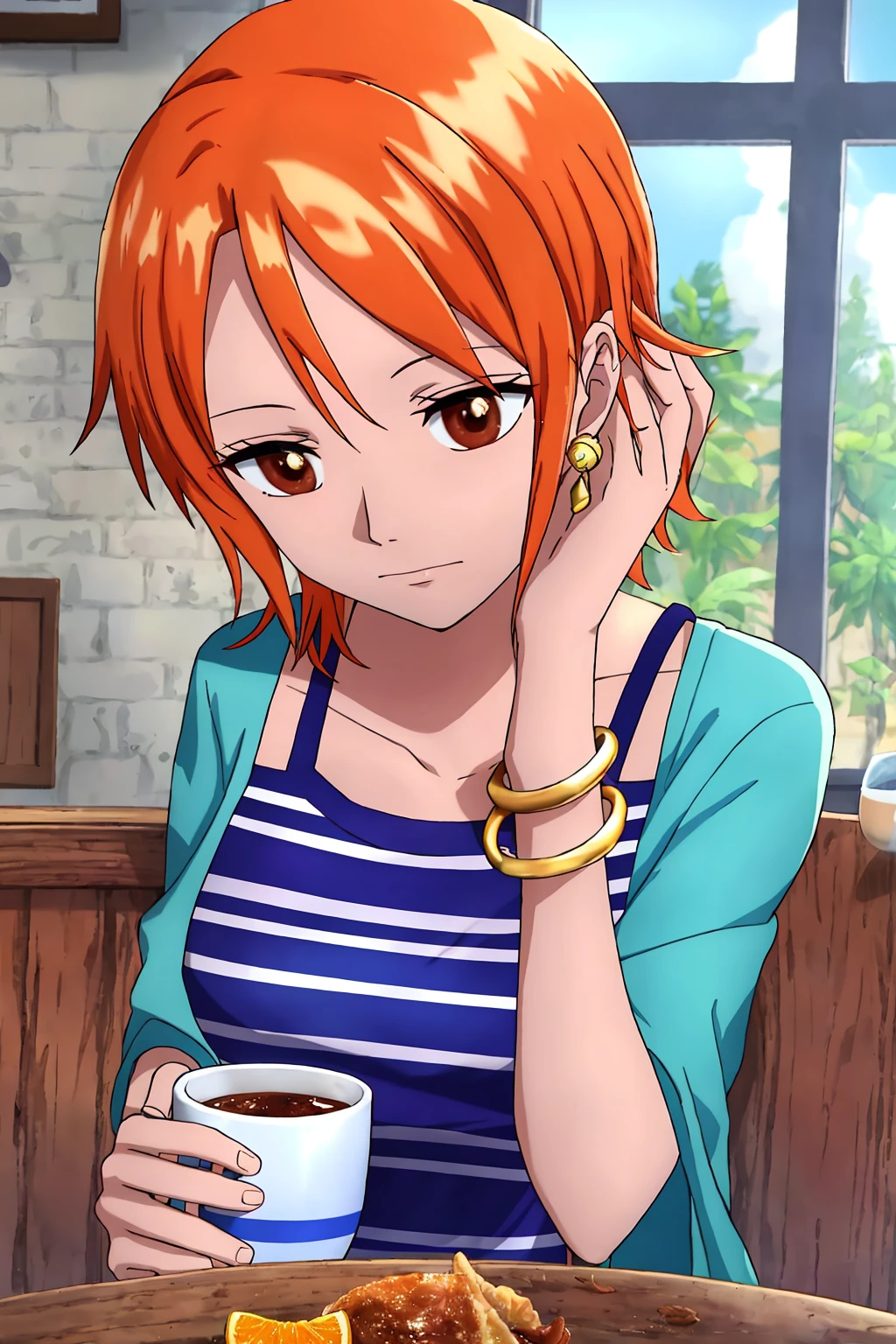 nami, 1girl, solo, short_hair, shirt, dress, brown_eyes, jewelry, sitting, closed_mouth, collarbone, upper_body, food, striped, shiny, indoors, orange_hair, shiny_hair, bracelet, cup, eyelashes, blue_dress, looking_down, blue_shirt, hand_on_own_face, head_rest, bangle