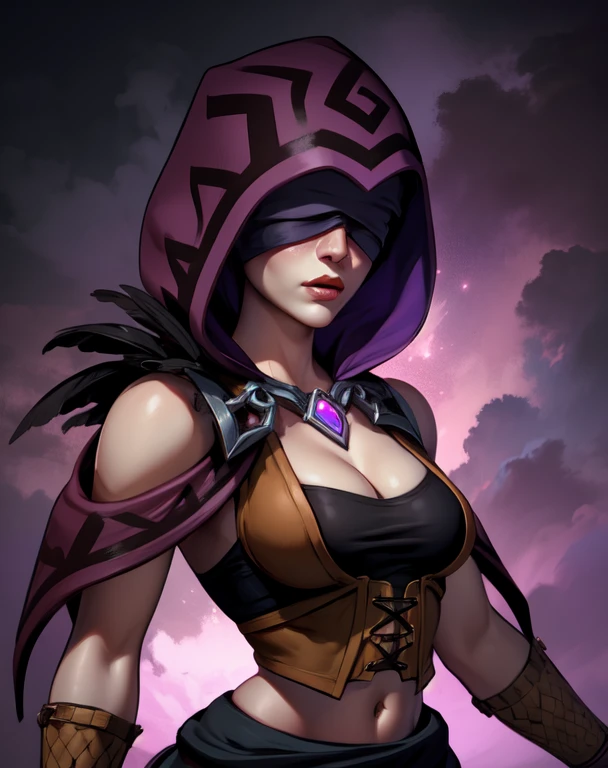 Seris, lips,
blindfold ,hood up , jewelry, midriff , cleavage, skirt , small brown vest, black shirt, cleavage,
underworld, purple aura, night,
standing, upper body,
(insanely detailed, beautiful detailed face, masterpiece, best quality) <lora:Seris-10v6:0.7>