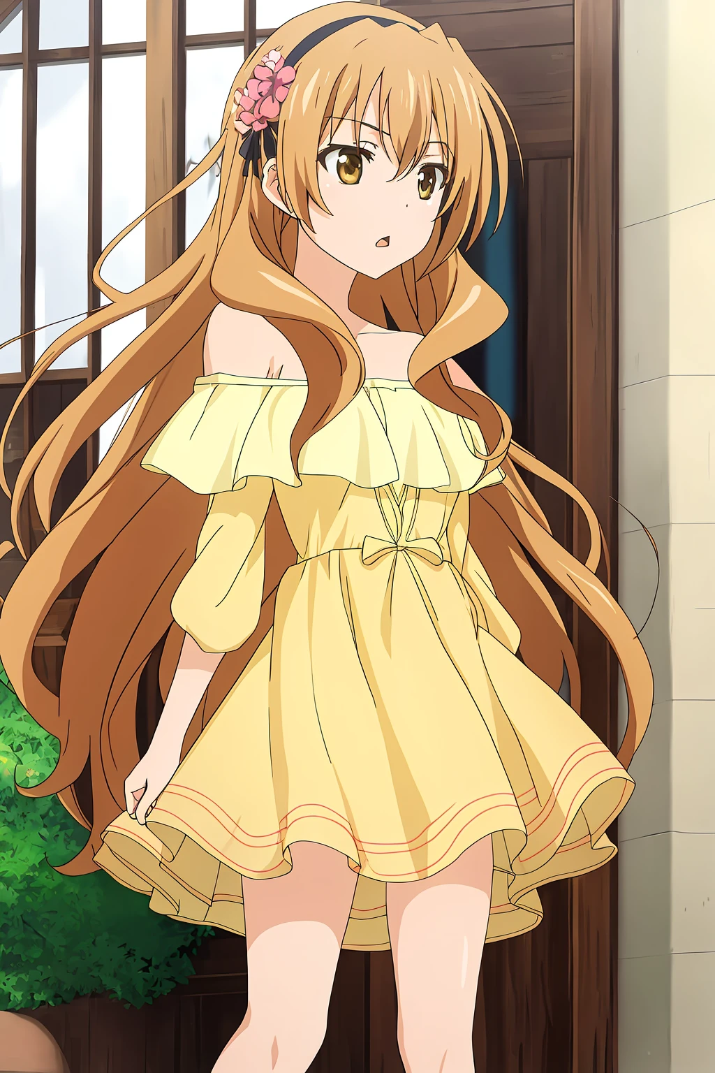 kouko, 1girl, solo, long_hair, brown_hair, hair_ornament, dress, bare_shoulders, brown_eyes, very_long_hair, flower, hairband, hair_flower, off_shoulder, parody, casual, triangle_mouth, yellow_dress