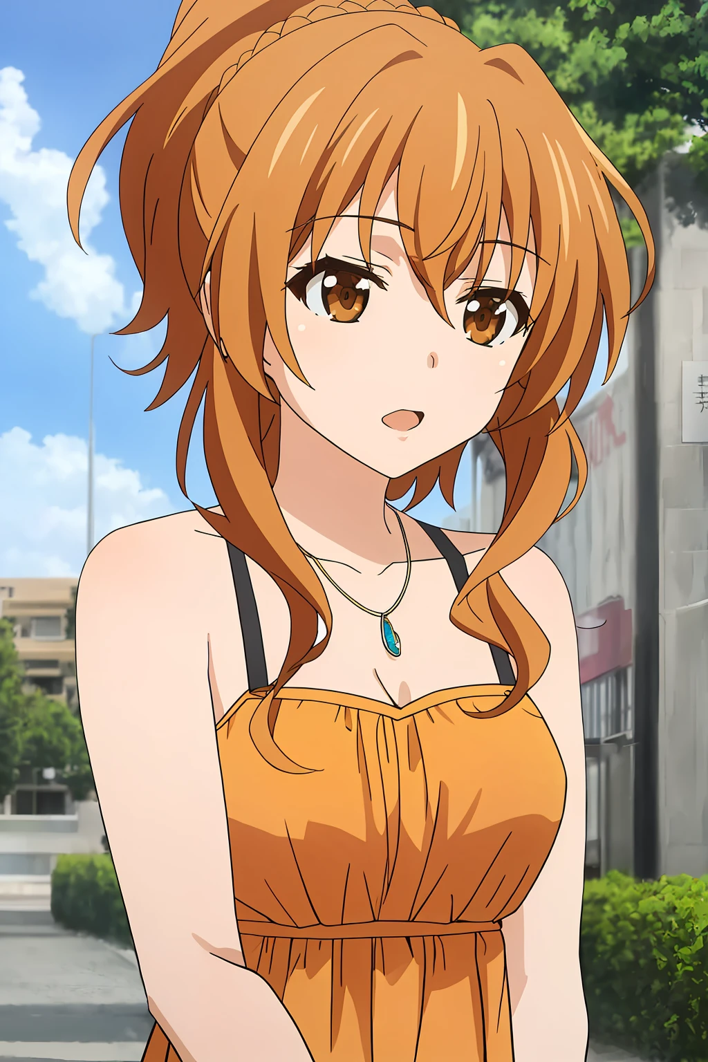 kouko, 1girl, solo, long_hair, short_hair, open_mouth, brown_hair, dress, bare_shoulders, brown_eyes, jewelry, upper_body, braid, outdoors, necklace, orange_hair, alternate_hairstyle, pendant, hair_up