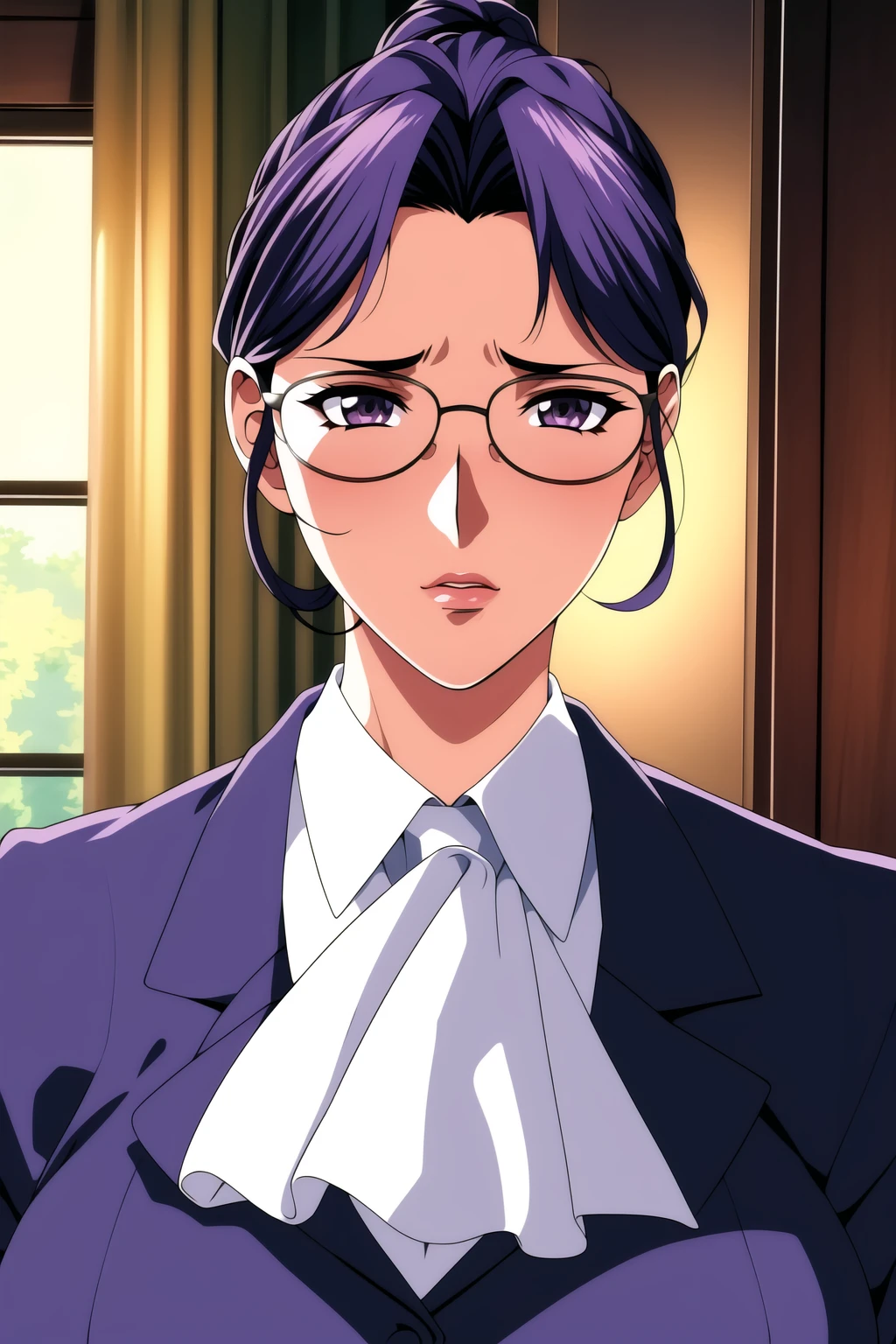 Simple White Background,
glasses,blue jacket,collared_shirt,long_sleeves, Black_pencil_skirt,pantyhose,
<lora:MinamiAyaka-V1:0.7>,
purple_hair,hair_bun,purple_Eyes,Bangs,
<lora:Oda_Non_Style-KK77-V2:0.3>,<lora:more_details:0.1>,
1 girl, 20yo,Young female,Beautiful Finger,Beautiful long legs,
Beautiful body,Beautiful Nose,Beautiful character design,
perfect eyes, perfect face,expressive eyes,perfect balance,
looking at viewer,(Focus on her face),closed mouth, (innocent_big_eyes:1.0),(Light_Smile:0.3),
official art,extremely detailed CG unity 8k wallpaper,
perfect lighting,Colorful, Bright_Front_face_Lighting,White skin,
(masterpiece:1.0),(best_quality:1.0), ultra high res,4K,ultra-detailed,
photography, 8K, HDR, highres, absurdres:1.2, Kodak portra 400, film grain,
blurry background, bokeh:1.2, lens flare, (vibrant_color:1.2),professional photograph,
(Beautiful,large_Breasts:1.4), (beautiful_face:1.5),(narrow_waist),