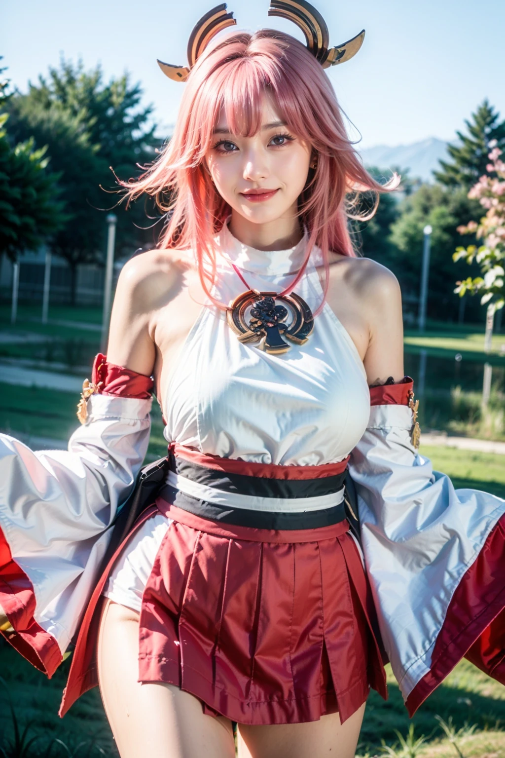 1girl, realistic, (looking at viewer:1), (ulzzang-6500:0.66), thighs, bare legs, dappled sunlight, best quality, ultra high res, (photorealistic:1.4), YaeMiko, fox ears, short hair, pink hair, yae_sakura, jewelry, cherry blossoms, (smile:1), bare_shoulders, hair_ornament, purple_eyes,
detached_sleeves,
detailed eyes,
(light smile:1),
(medium breasts:1.4),
(breasts out:1.4),
(puffy,
arms behind back,