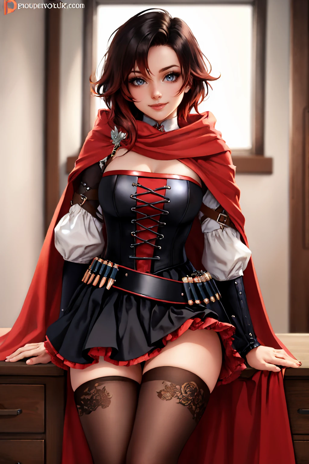 (masterpiece, best quality:1.2), solo, 1girl, mistralrose, smile, looking at viewer, dress, corset, red cape, thighhighs <lora:rwby_rose_mistral:1>