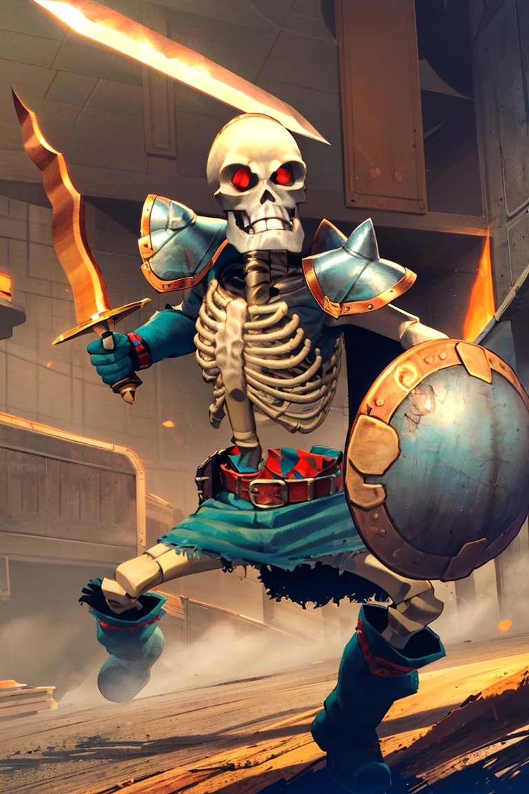 ((masterpiece,best quality)), absurdres,
<lora:Stalfos_Zelda_OOT_Anime:1>, Stalfos_Zelda_OOT, (sword, swinging sword),
skeleton, solo, 1boy, skull, armor, red eyes, no humans, ribs, belt, boots, spikes, shield,
solo, smiling, looking at viewer, cowboy shot,
cinematic composition, dynamic pose,