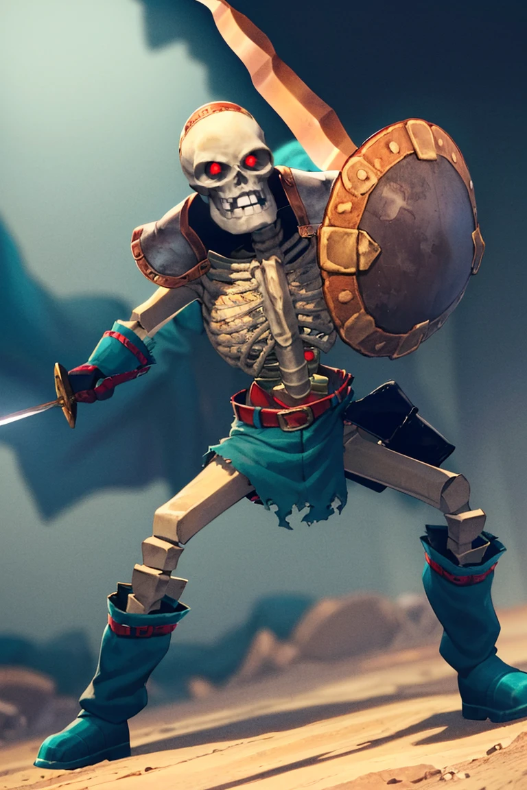 ((masterpiece,best quality)), absurdres,
<lora:Stalfos_Zelda_OOT_Anime:1>, Stalfos_Zelda_OOT, (sword, swinging sword),
skeleton, solo, 1boy, skull, armor, red eyes, no humans, ribs, belt, boots, spikes, shield,
solo, smiling, looking at viewer, cowboy shot,
cinematic composition, dynamic pose,