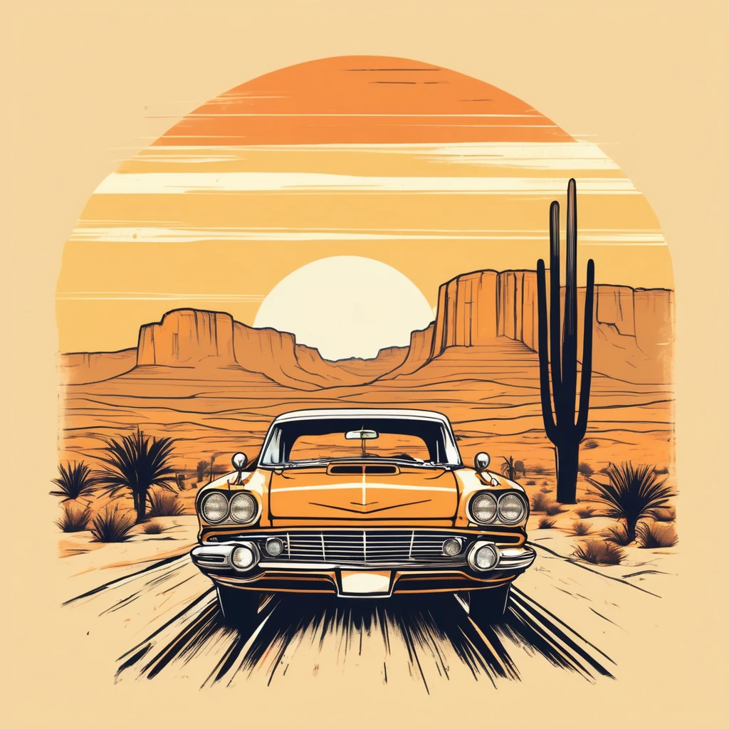 Vintage T-shirt, Classic Car Object, Desert Highway Landscape, Retro Color Palette, Distressed Texture, Sketch Style, Horizon Perspective ,
,T shirt design,TshirtDesignAF,
<lora:TShirtDesignRedmondV2-Tshirtdesign-TshirtDesignAF:1>