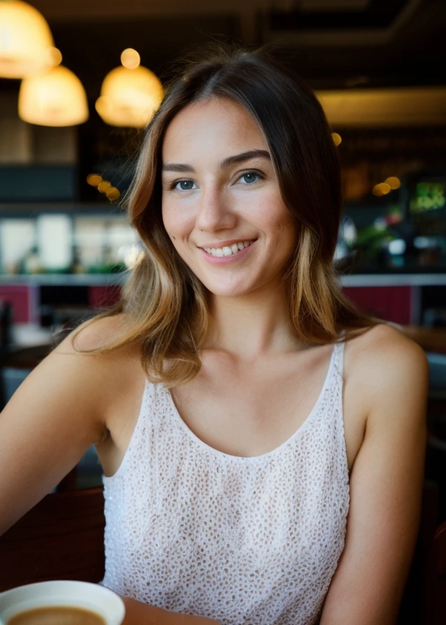 photo of a  woman wearing a halter top,   on a date in a cafe. front view, face. beautiful soft natural top light, dark background. intricate details, skin pores, 8k.