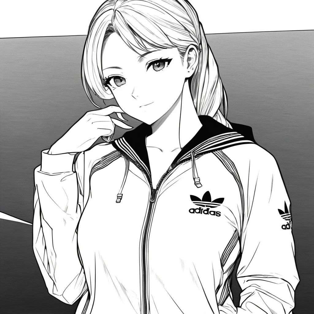 best quality, anime, lady in unzipped Adidas tracksuit, polo shirt, outdoors, touching head, (lineart), manga, (monochrome), black and white, (colorless)
,Lineart, LineAniAF
,<lora:LineAniRedmondV2-Lineart-LineAniAF:1>