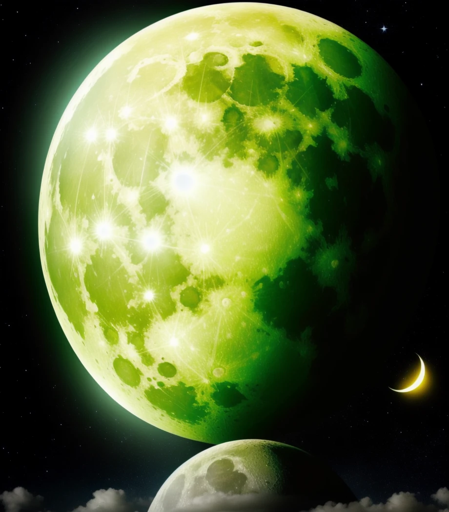 no humans,full moon, green moon,scenery, sky, star (sky), planet, space, starry sky, cloud, outdoors