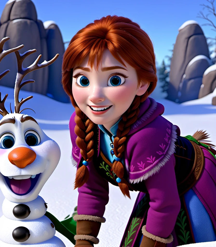 modisn disney, (anna from frozen:1.2), olaf (frozen), high quality, fine details, great scenery, flawless
