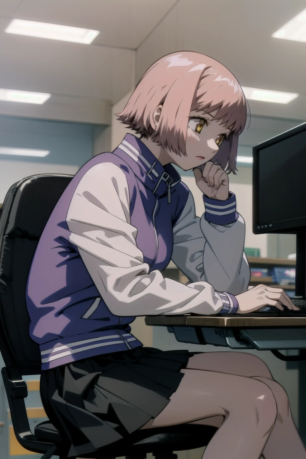 <lora:mikuraova-000013:1>, mikuraova, 
letterman jacket, skirt,
1girl, solo, computer, sitting, office, stocks, facing away