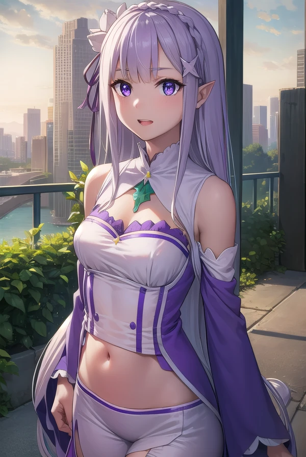 rezeroemilia, <lora:rezeroemilia-lora-nochekaiser:1>, 
emilia, braid, crown braid, flower, hair flower, hair ornament, hair ribbon, long hair, low-tied long hair, (purple eyes:1.2), pointy ears, white flower, x hair ornament, <lora:talkmouth_E_v100:1>, open mouth,
BREAK bare shoulders, detached collar, dress, long sleeves, low-tied long hair, navel, pink dress, shoulder cutout, thigh gap, wide sleeves,
BREAK outdoors, city,
BREAK looking at viewer, (cowboy shot:1.5),
BREAK <lyco:GoodHands-beta2:1>, (masterpiece:1.2), best quality, high resolution, unity 8k wallpaper, (illustration:0.8), (beautiful detailed eyes:1.6), extremely detailed face, perfect lighting, extremely detailed CG, (perfect hands, perfect anatomy),