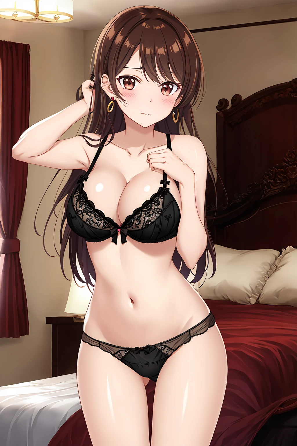chizuru, 1girl, solo, long_hair, breasts, looking_at_viewer, blush, bangs, large_breasts, brown_hair, bow, navel, cleavage, bare_shoulders, brown_eyes, jewelry, medium_breasts, sitting, closed_mouth, underwear, collarbone, panties, earrings, indoors, bra, groin, pillow, black_panties, bed, on_bed, thigh_gap, underwear_only, lingerie, black_bra, bow_panties, adjusting_clothes, bow_bra, bedroom, strap_pull, strap_lift