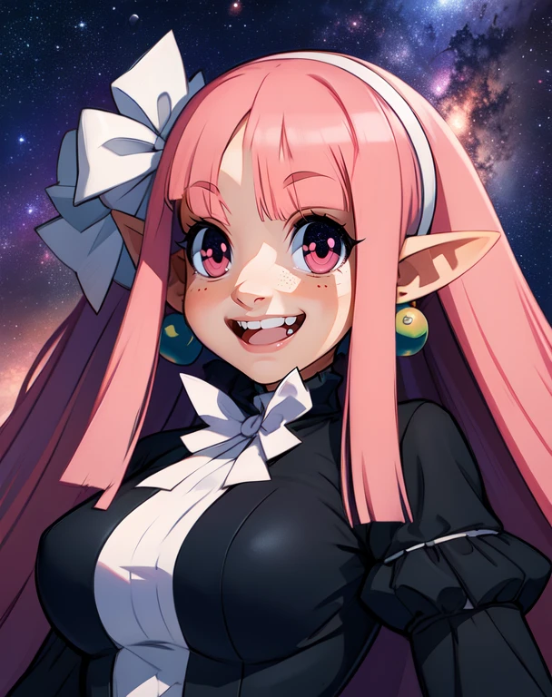 Witch.long pink hair,pointy ears,red eyes ,
smiling, standing, upper body,
black dress, white ribbon, white hairband,long sleeves,earrings, outer space, fun park, stars,
(insanely detailed, beautiful detailed face, masterpiece, best quality), <lora:Witch-10v5:0.8>