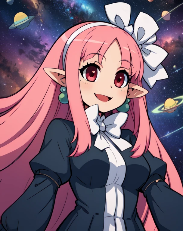 Witch.long pink hair,pointy ears,red eyes ,
smiling, standing, upper body,
black dress, white ribbon, white hairband,long sleeves,earrings, outer space, fun park, stars,
(insanely detailed, beautiful detailed face, masterpiece, best quality), <lora:Witch-10v5:0.8>